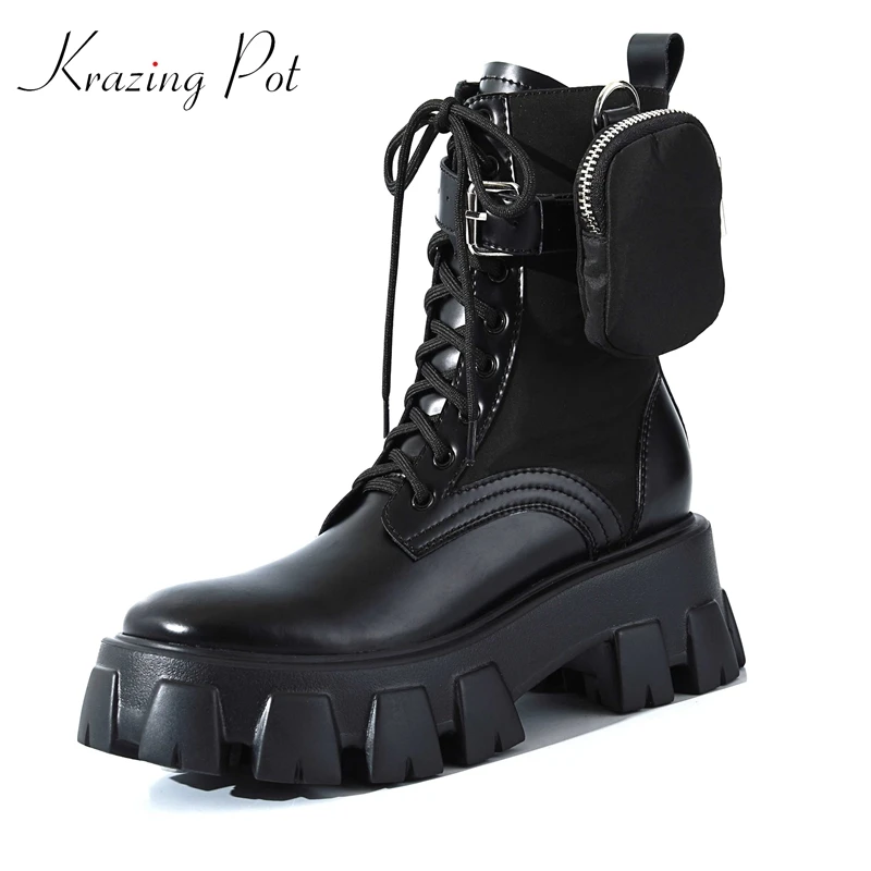 

Krazing Pot Genuine Leather Round Toe Keep Warm Black Platform Individual Design Metal Fastener High Heel Rivets Ankle Boots L77