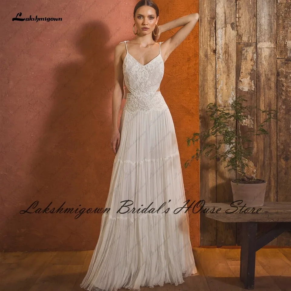 

Lakshmigown Vintage Boho Wedding Dress Spaghetti Straps 2021 Robe Sexy Bridal Lace Beach Wedding Gowns Floor Length Backless