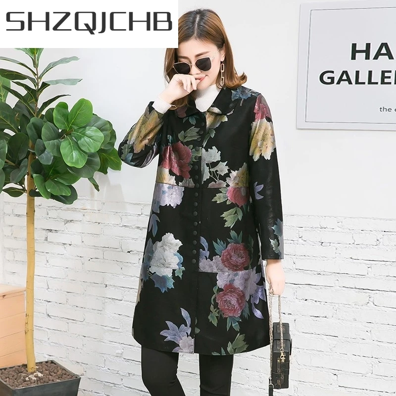

JCHB 2021 Women Streetwear Genuine Leather Sheepskin Coats Vintage Printed Windbreakers Autumn Slim Fit Elegant Overcoat Plus S