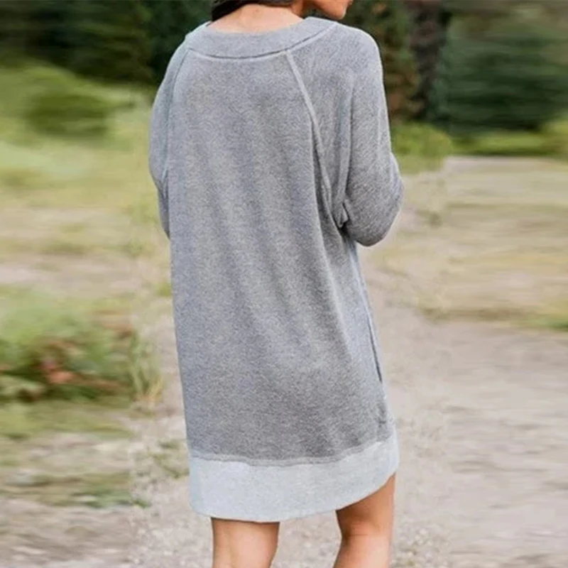

Autumn Fashion Patchwork Long Sleeve Dress Elegant Winter O Neck Pocket Mini Dresses Women Casual Loose Sweatshirt Dress Vestido