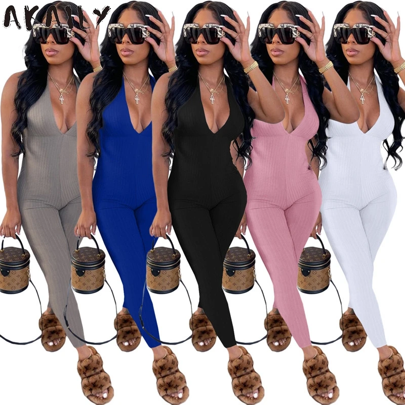 

Akaily Summer Streetwear White Slim Halter Sleeveless Jumpsuit Women Black Strapless Backless Bandage Bodycon Female Jumpsuit