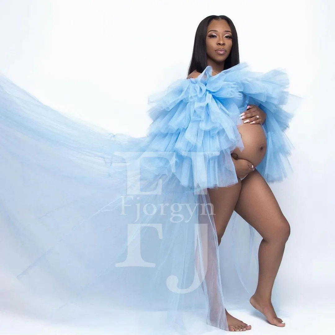 

Пикантные голубые беременности и родам платья для фотосессии Baby Shower вечерние платья оборками халаты Беременность; платье для беременных