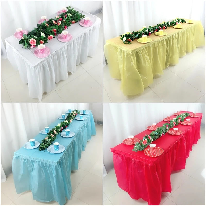 

Disposable Table Skirt PEVA Table Skirting Rectangle Desk Skirt Solid Color Table Cover for Wedding Party Home Decoration