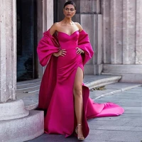 new hot pink mermaid sweetheart prom dresses detachable puff sleeves long train bow satin formal party evening dress vestidos