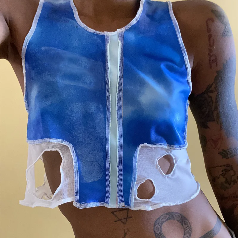 

Womenâ€™s Summer Fashion Irregular hole Crop Tops Sexy Casual O-Neck Hollow Exposed Navel Sleeveless Tank Tops