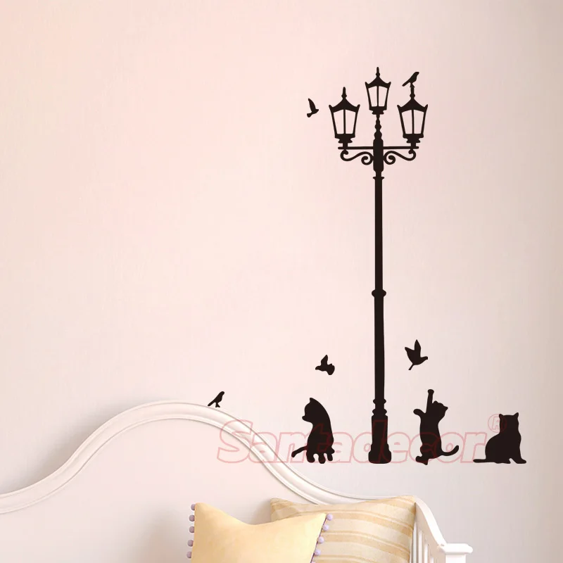

Наклейка «сделай сам», коты и лэмпстолб с птицами, Детская настенная роспись, художественная наклейка, домашний декор, плакат, украшение дом...
