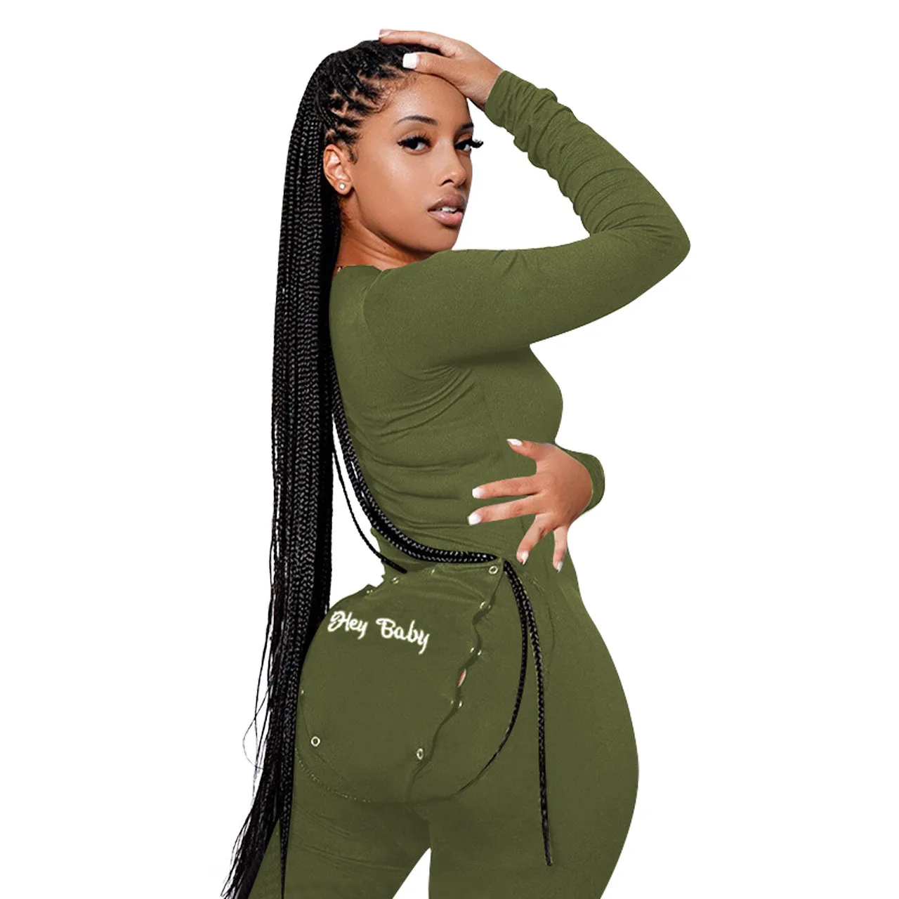 

INS Hot Buttons Appliques Patched Hey Baby Jumpsuit Women One-Piece Outfits Club V-Neck Skinny Elastic Solid Casual Streetwear