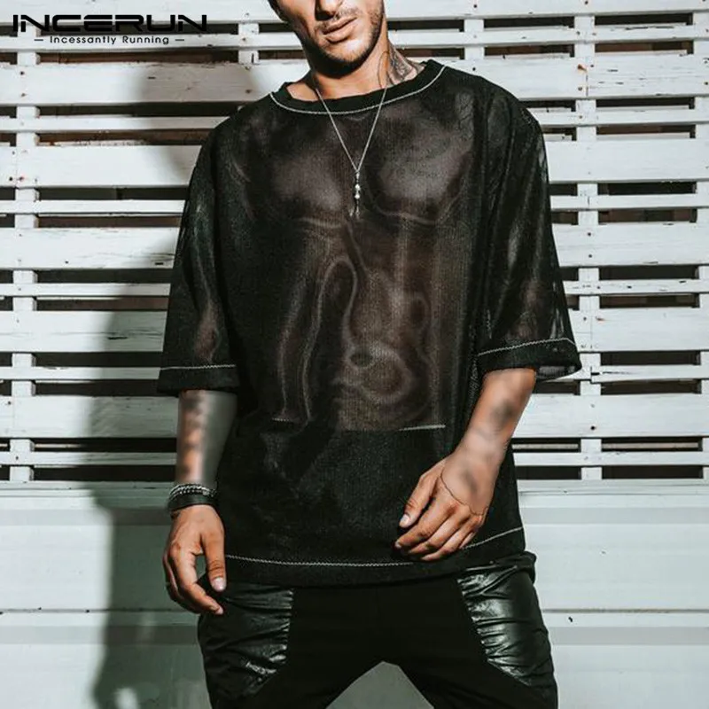 

Man Sexy Nightclub Camisetas Streetwear INCERUN Men Mesh T Shirts Half Sleeve Round Neck Tees Fashion Solid Transparent Tops 5XL
