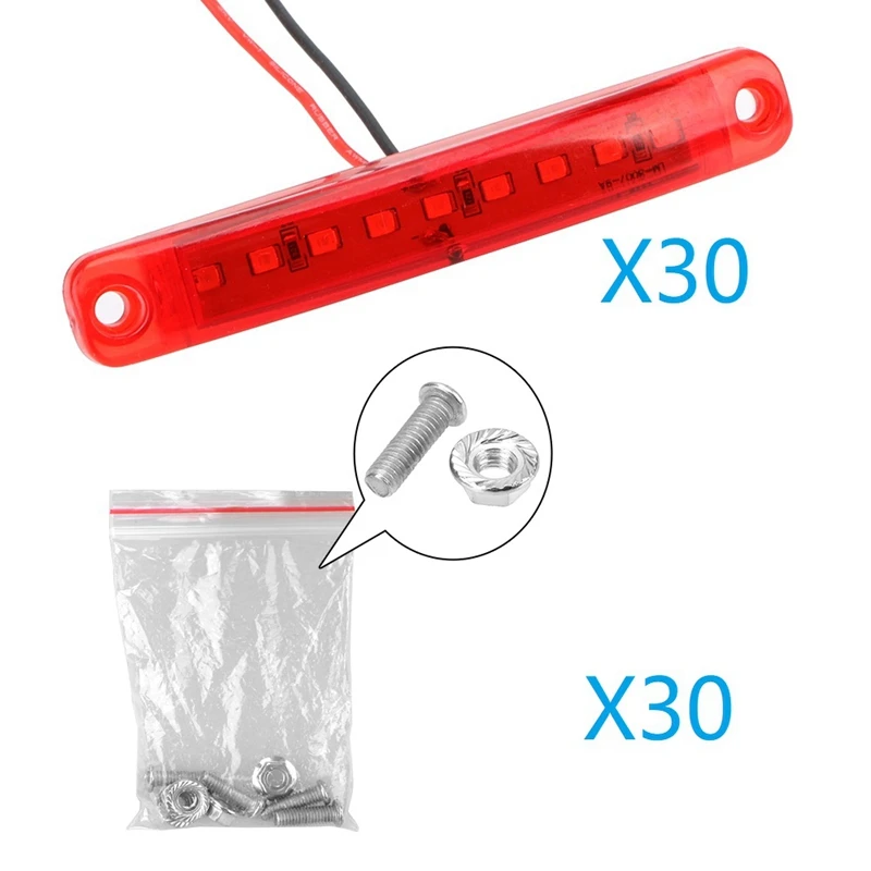 

30Pcs Durable Red 9-LED Truck Trailer Lorry Sealed Side Marker Clearance Light Low Led Trailer Light Rear Side Lamp