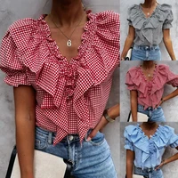 2022 women popular t shirt plus size plaid ruffled summer puff sleeve pleated breathable v neck short sleeve top for daily wear