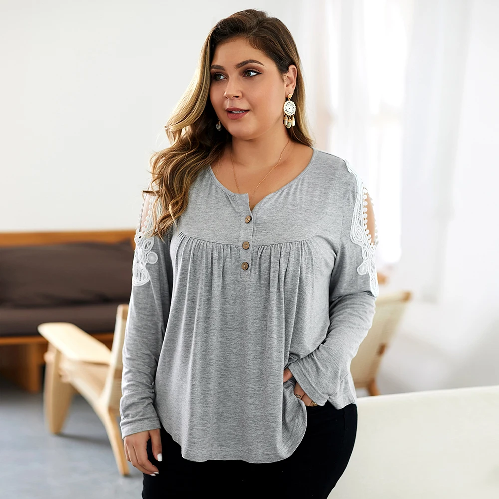 Женская футболка с круглым вырезом кружевная простроченная большого размера