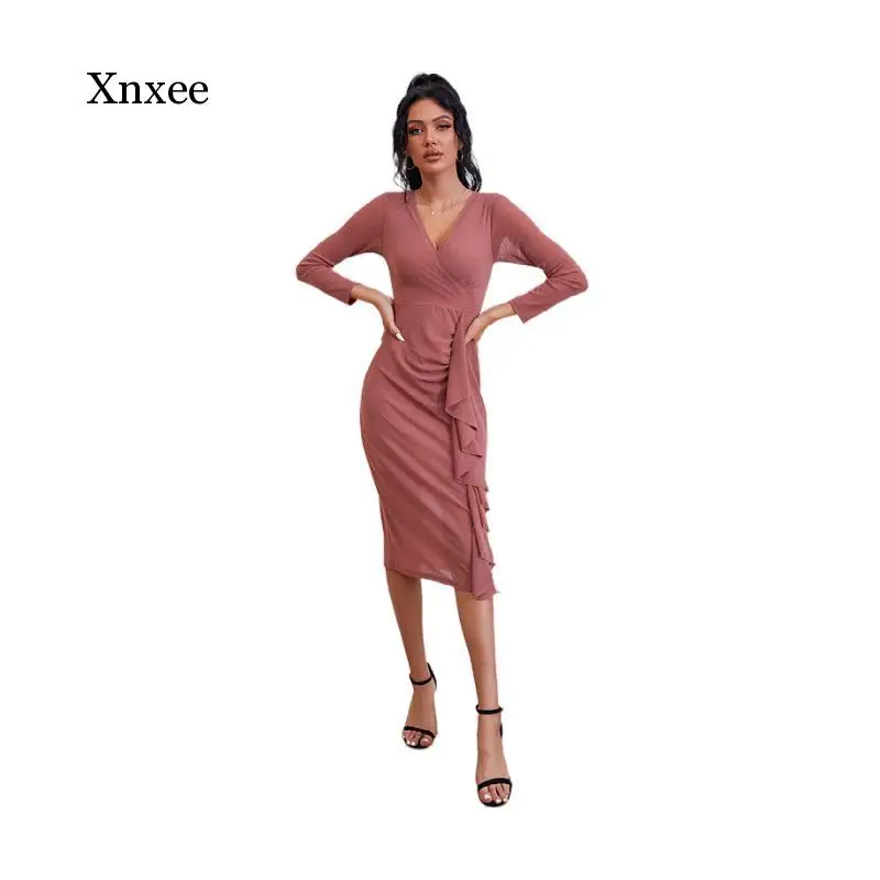 

Spring Autumn Sexy Party Dress Women Sexy Deep V Neck Elegant Dress Tight Slim Skinny Package Hip Vintage Dress Business Bodycon