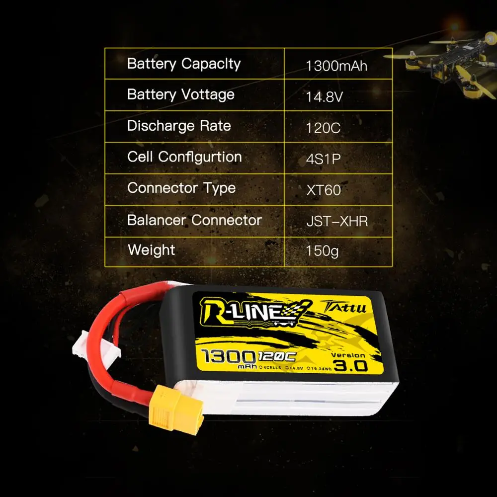 Tattu-Dron de carreras RLine Versi&oacute;n 3,0, HV, 1300mAh, 120C, 4S, 15,2 V, bater&iacute;a Lipo, enchufe XT60, FPV, Quadcopter, helic&oacute;ptero, corredor, nueva edici&oacute;n-1
