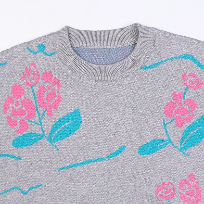 

Fannic 2020 Autumn Pullover Long Sleeve Round Neck Flower Printed Knitted Black Yellow Gray Sweater Women