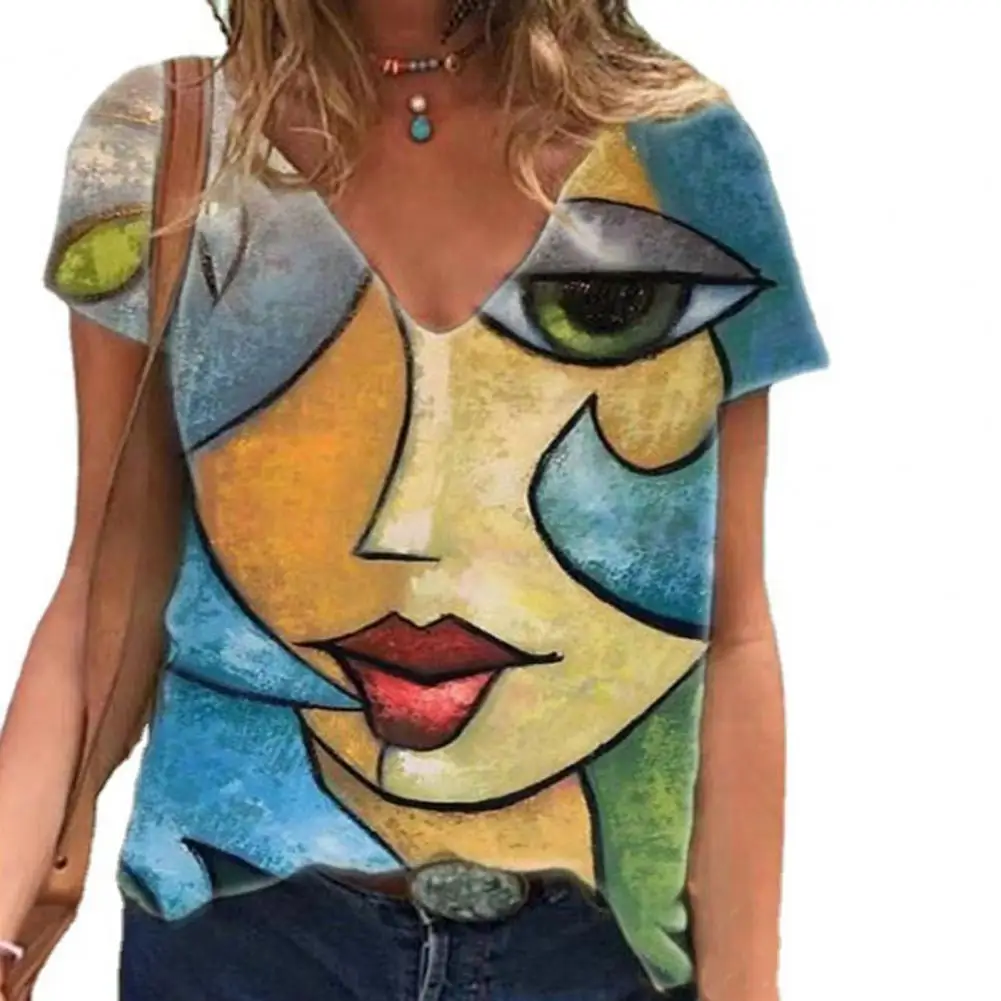 

Women T-shirt Cartoon Print Y2K Style Streetwear V Neck Loose Pullover for Dating