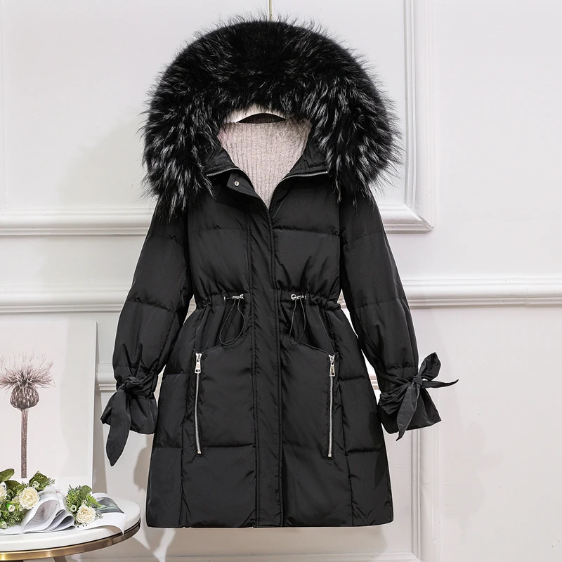 Женский пуховик с капюшоном черная свободная парка на 2021 белом утином пуху