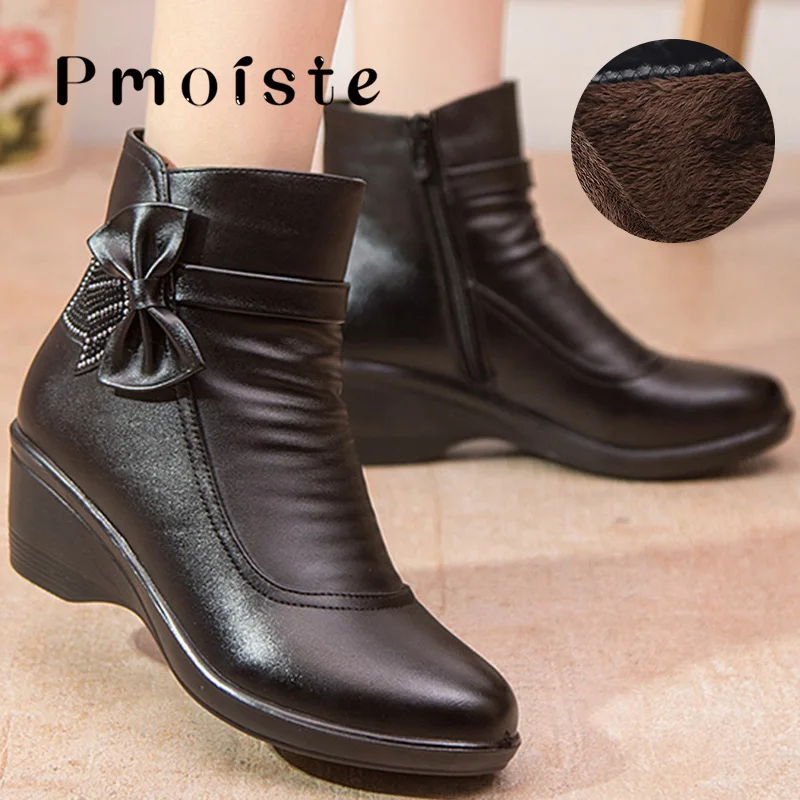 

Women Ankle Boots Bow-knot Black Platform Wedge Shoes Female Winter Boot Leather Waterproof Femenino Punk Bootie for Ladies