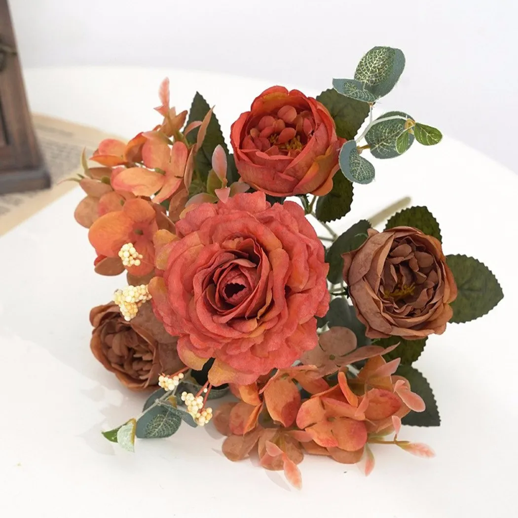 

A Bunch Silk Peony Artificial Flowers Bouquet Tea Rose Flowers Camellia Silk Fake Flower For Home Wedding Decoration Indoor