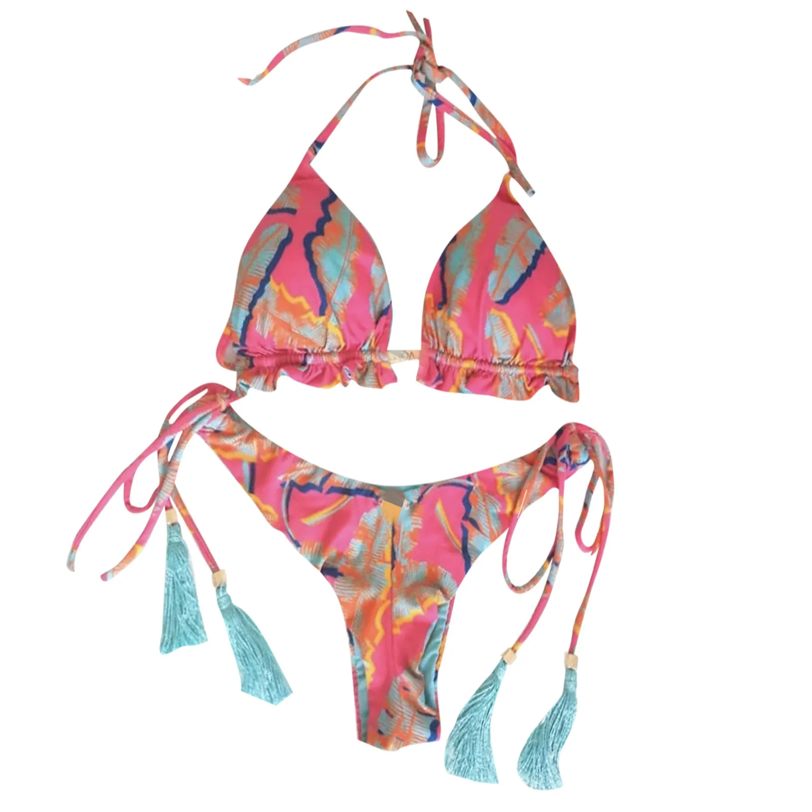 

Sexy Women Bikini Sets Printed Tassel Swimsuit Bathing Suits Two Piece Split Bandage Beachwear Brazilian Thong Biquini Suits Hot
