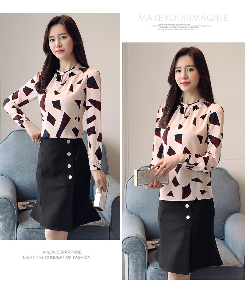 

Houthion Silk Women's Blouses Long Sleeve Top Chiffon Shirt Fashion Printed Casual New Korean Summer Blouse Full Print Regular