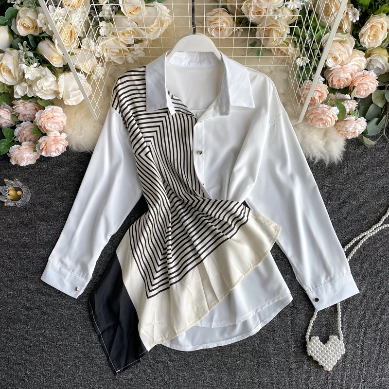 

2021 New Women Blouse White Collar Ladies Irregular Stitching Color Contrast Long Sleeves Urban Shirt Female Casual Long Tops