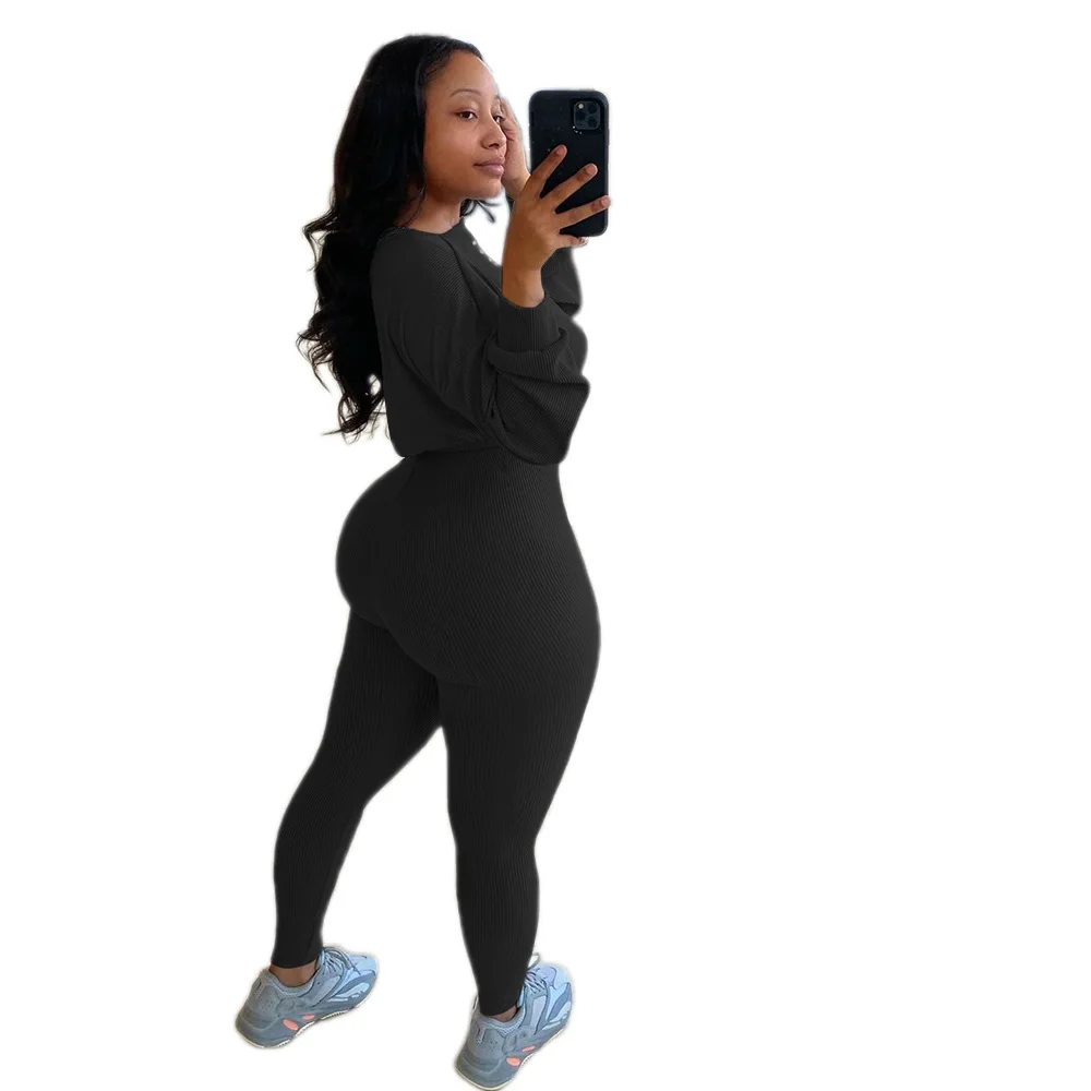 

2020 new European and American women's wear autumn and winter tie rope leisure sports two piece set large