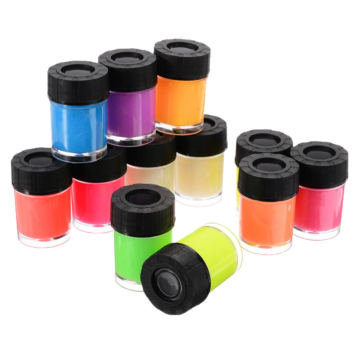 Набор красок из 12 бутылочек неоновой светящейся акриловой краски и 2 кисточки для бумаги, гипсовых стен и других поверхностей.