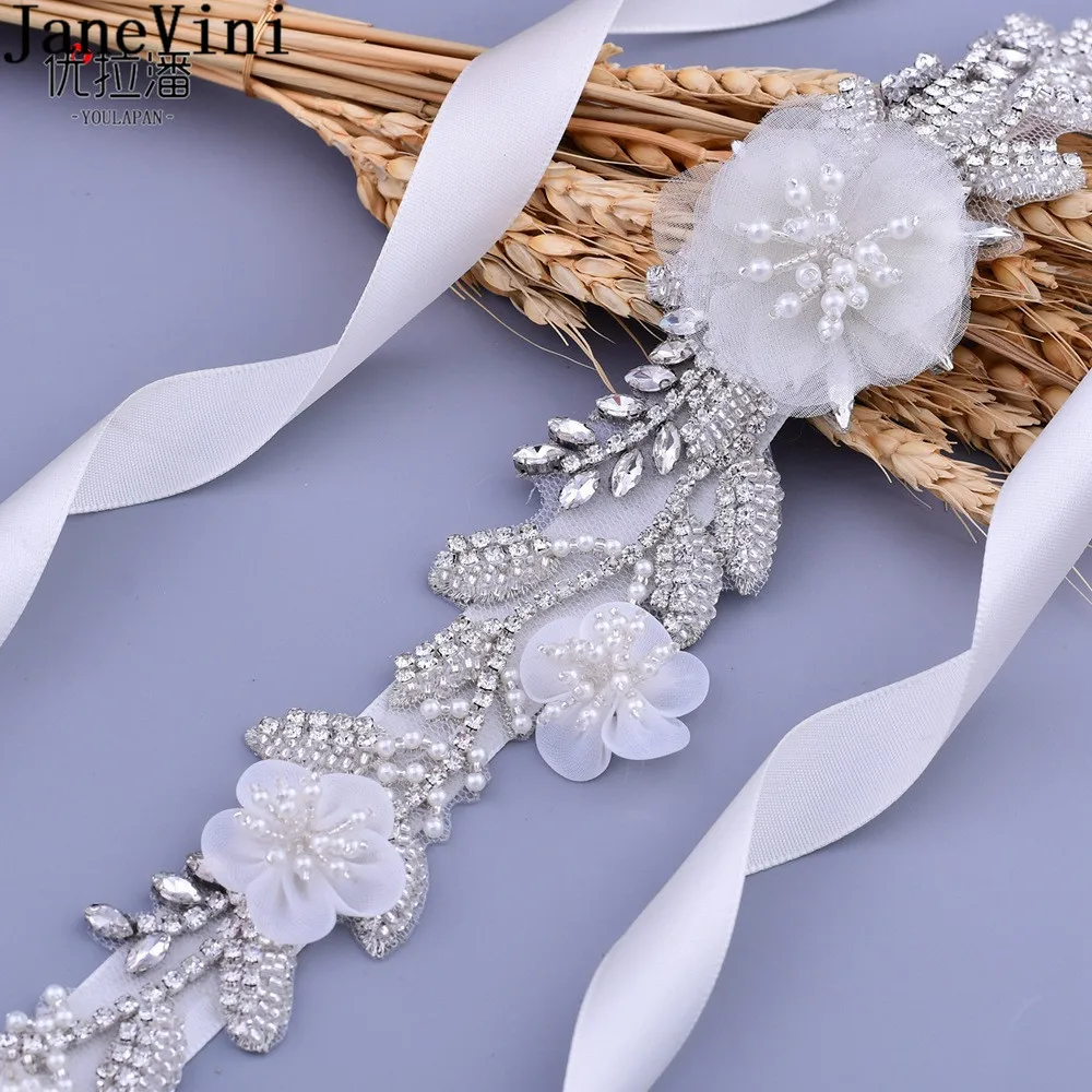 

JaneVini Bling Crystals Fancy Belts for Women Rhinestone Belt Wedding Dress Accessories Sashes Pearl Ribbon Flowers Bridal Belts