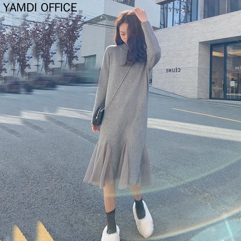 Осенне-зимние платья YAMDI 2019 женские корейские элегантные однотонные серые