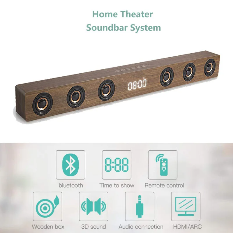 ТВ Саундбар Bluetooth динамик деревянный звук бар HiFi стерео дистанционное управление Поддержка AUX/HDMI/часы дисплей для домашнего кинотеатра