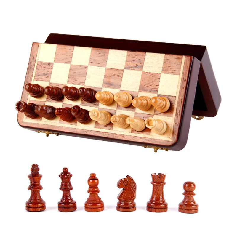 

Magnetic Wooden Chess Set with Storage Folding Chess Board Lockable Case Portable Travel Puzzle Game for Kids Adults
