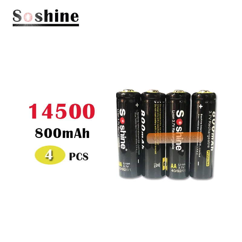 4 шт. 100% Оригинальные Литий-ионные аккумуляторы Soshine 14500 AA 3 7 в 800 мАч | Электроника