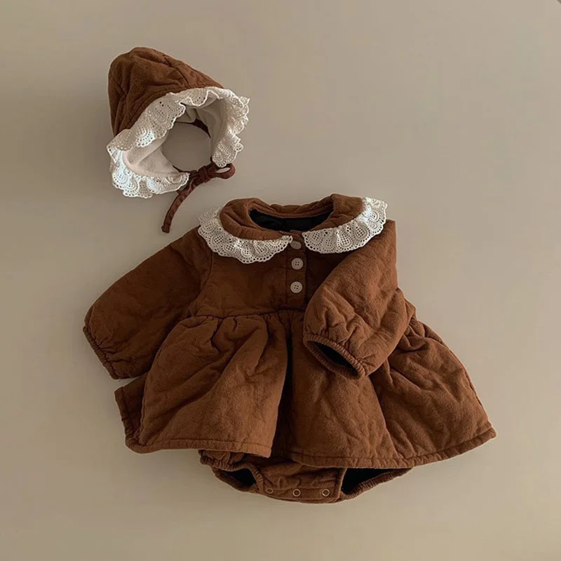 

MILANCEL 2021 Winter Baby Girls Clothes Lace Toddler Girls One Piece Thicken Warm Girls Bodysuit Free Hat