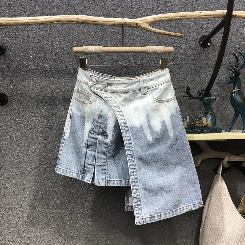 

Женская нестандартная джинсовая юбка Tie Dye, светло-голубая модная универсальная короткая трапециевидная юбка с завышенной талией, лето 2021
