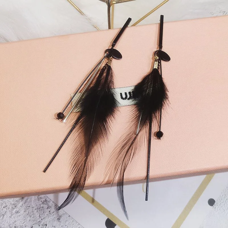 

USTAR Black Feather Long Tassel Vintage Drop Earring for Women Female Ethnic Dangle Earrings Party Jewelry Gifts