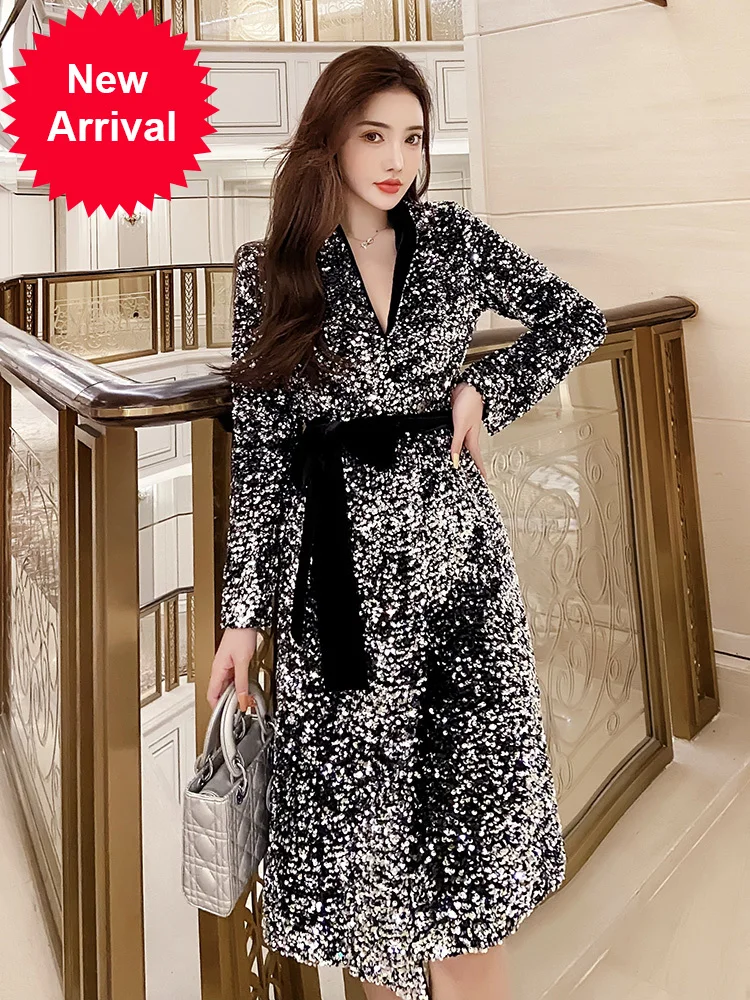 

High-end atmospheric trench coat 2020 new mid-length spring and autumn clothing slim fit elegant heavy work sequin coat for