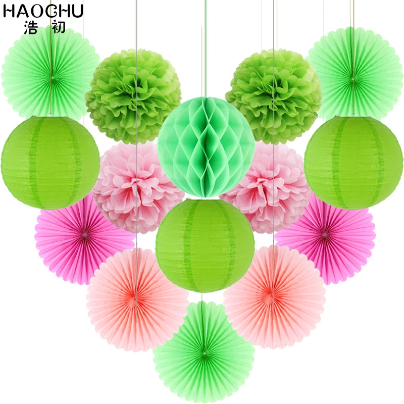 

15pcs/set Green Paper Lanterns Tissue Pompoms Flower Honeycomb Ball Paper Fan Rosettes Hawaiian Party Favors DIY Decorations