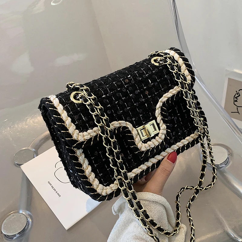 

Sequins Flap Crossbody bag Fashion New High Quality Wool Women's Designer Handbag Lock Chain Shoulder Messenger Bag