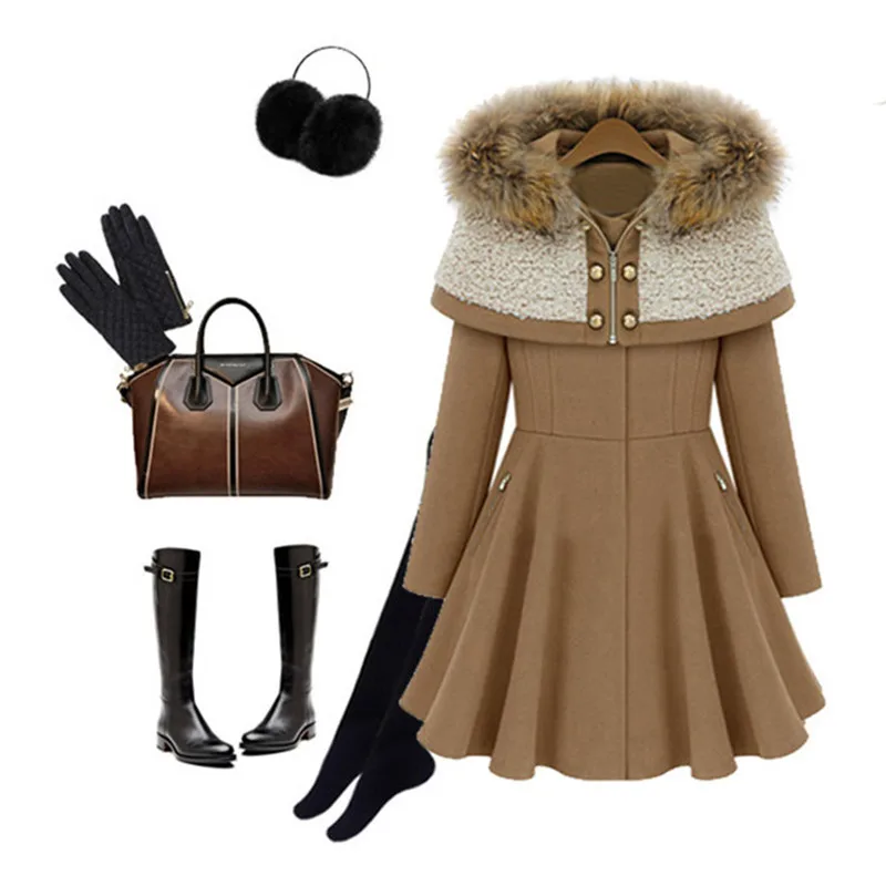 Женское шерстяное пальто средней длины с капюшоном смешанное Осень зима 2020