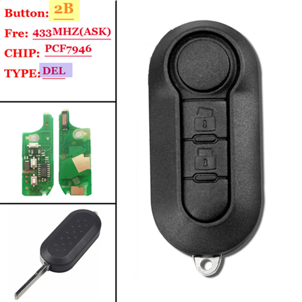 2 кнопки дистанционного ключа Fob 433MHz ID46 для DELPHI Fiat 500L MPV Ducato DEL системы старого типа
