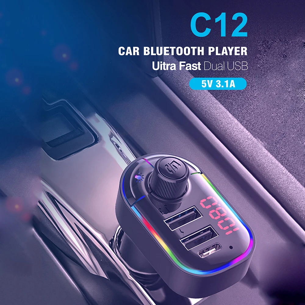 

FM Transmitter Bluetooth 5.0 Adapter Colorful Car Mp3 Player Handsfree Calling 2 USB Port with PD QC 3.0 Fast Charge Car Kit