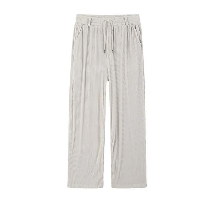 

IEFB Mens Ice Silk Casual Pants Summer 2021 New Black Grey Pleated Fabric Thin Wide Leg Trousers Drawstring Elastic Waist Bottom