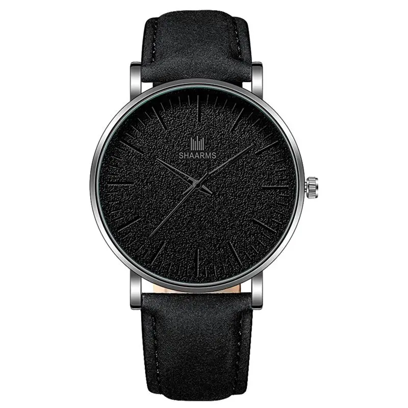 Black Silver SHAARMS мужские простые часы из нержавеющей стали с кожаным ремешком кварцевые наручные часы мужские модные повседневные часы Montre Femme дропшиппинг - Цвет: Black Silver