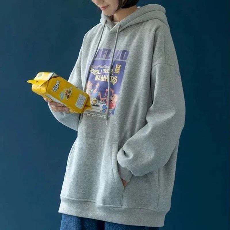 

Thin hooded sweater women autumn new casual sweater Korean style loose Pullover cartoon top ins cotton long sleeve pocket sweate
