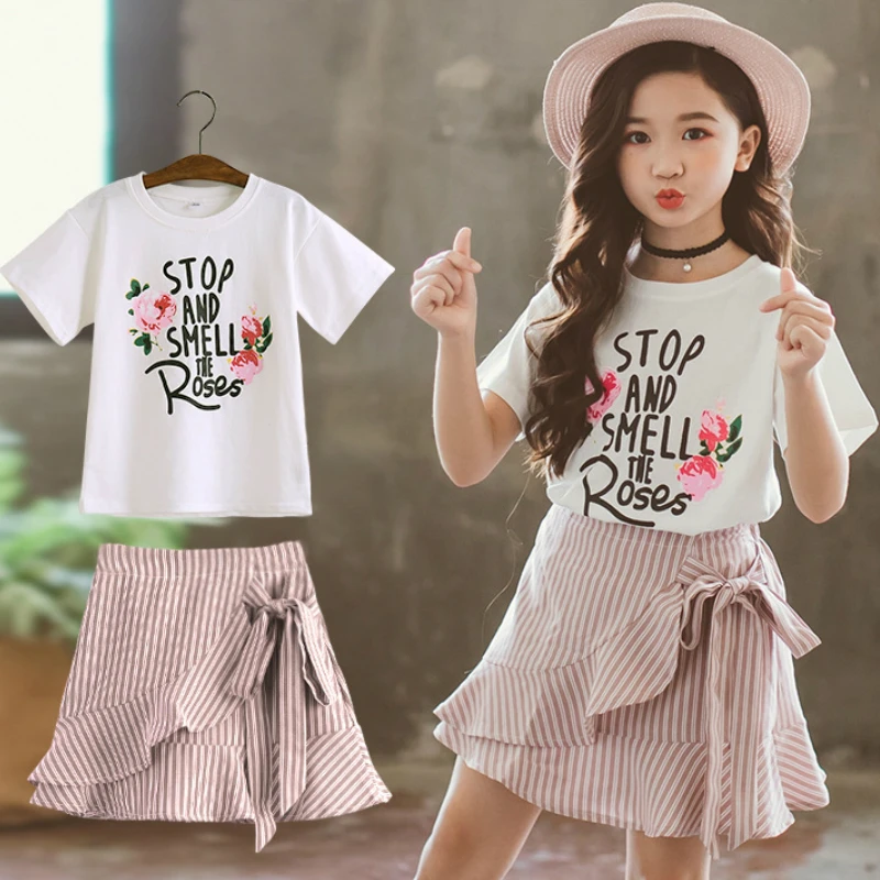 Одежда для девочек 2020 костюм с розами Детская летняя повседневная футболка
