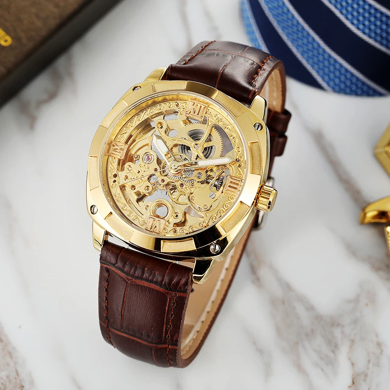 Мода Forsining Королевский Золотой Прозрачный Скелет коричневый кожаный ремень для