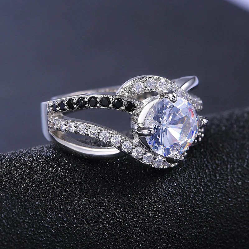 

Unique Hollow Out Winding Line Ring White&Black Cubic Zirconia Finger Rings For Women Fashion Engagement Wedding Jewelry Gift