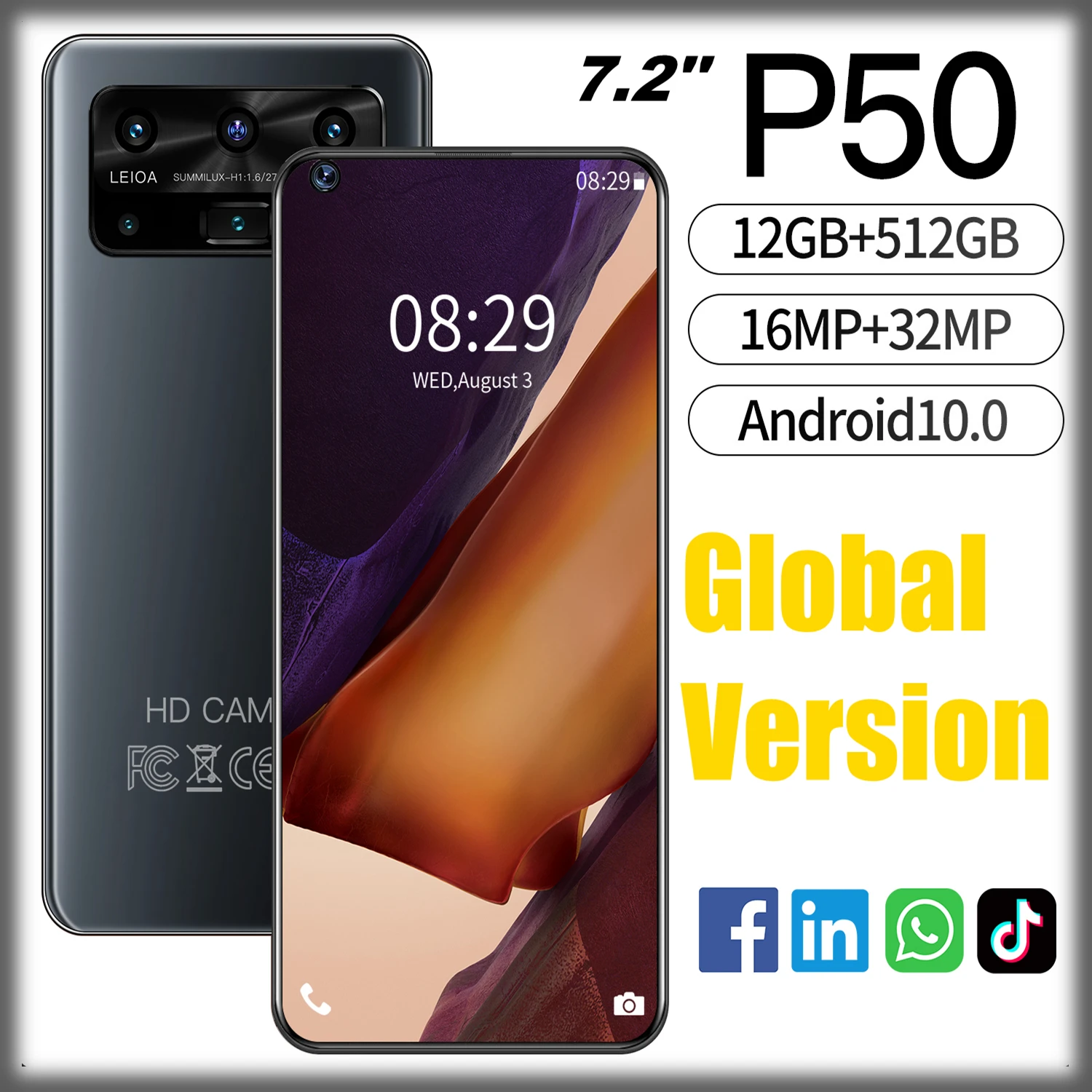 

Global Version Smartphone P50 7.2'' 12GB 512GB 16+32MP Camera Mobilephone MediaTek 6889 Android 10.0 Dual SIM Card Celulars