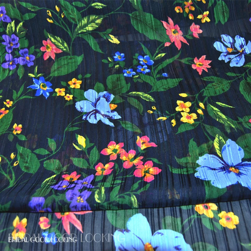 

Silk Georgette Chiffon Fabric Dress Dark Blue Black Green Leaf Flower 100% Satin Pleated Skirt Scarf DIY Patchwork Tissue