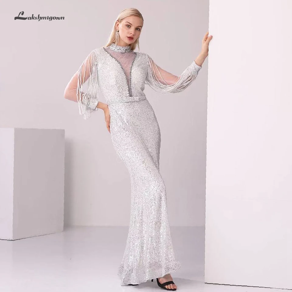 Lakshmigown красивое вечернее платье русалки с длинным рукавом Вечерние платья Серебристые арабские женские платья для выпускного вечера Robe de Soiree